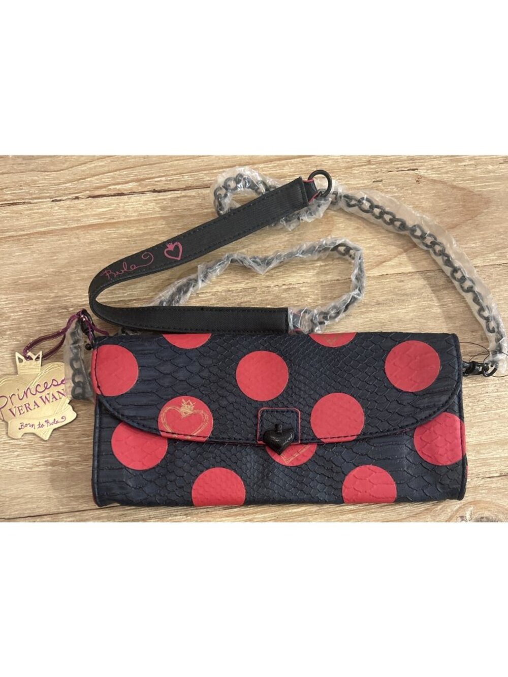 Vera Wang Princess "Born to Rule" Crossbody Bag Purse Navy Red Polka Dots NEW